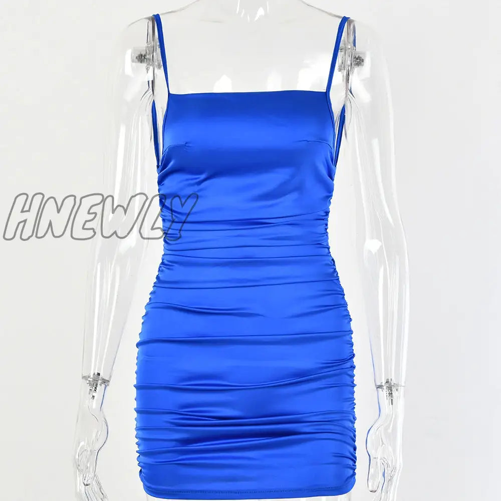 Hnewly Spaghetti Strap Mini Satin Dress Women Sexy Backless Cross Bandage Bodycon Party Pleated