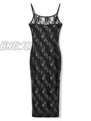 Fashion Spaghetti Strap See Through Midi Dress Women Black Sexy Sheer Mesh Lace Floral Dresses Chic