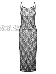 Fashion Spaghetti Strap See Through Midi Dress Women Black Sexy Sheer Mesh Lace Floral Dresses Chic