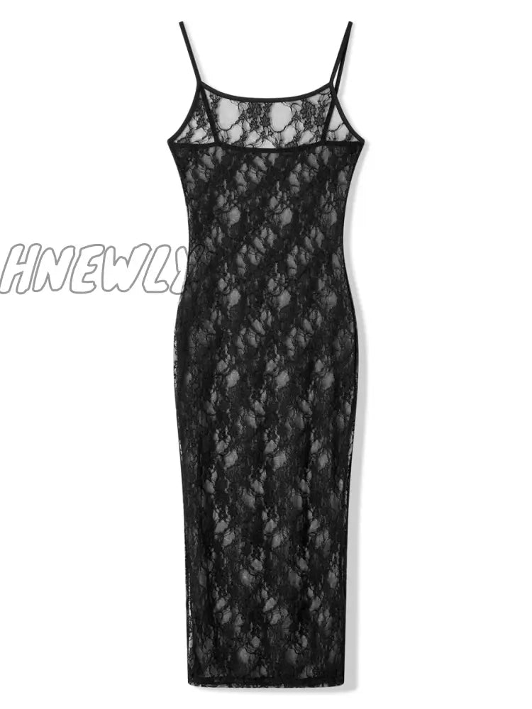 Fashion Spaghetti Strap See Through Midi Dress Women Black Sexy Sheer Mesh Lace Floral Dresses Chic