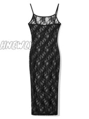 Fashion Spaghetti Strap See Through Midi Dress Women Black Sexy Sheer Mesh Lace Floral Dresses Chic