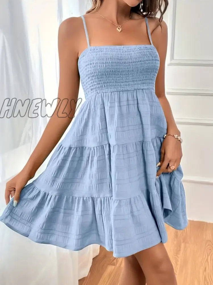 Hnewly Spaghetti Strap Shirred Dress Casual Solid Tiered Sleeveless Women’s Clothing