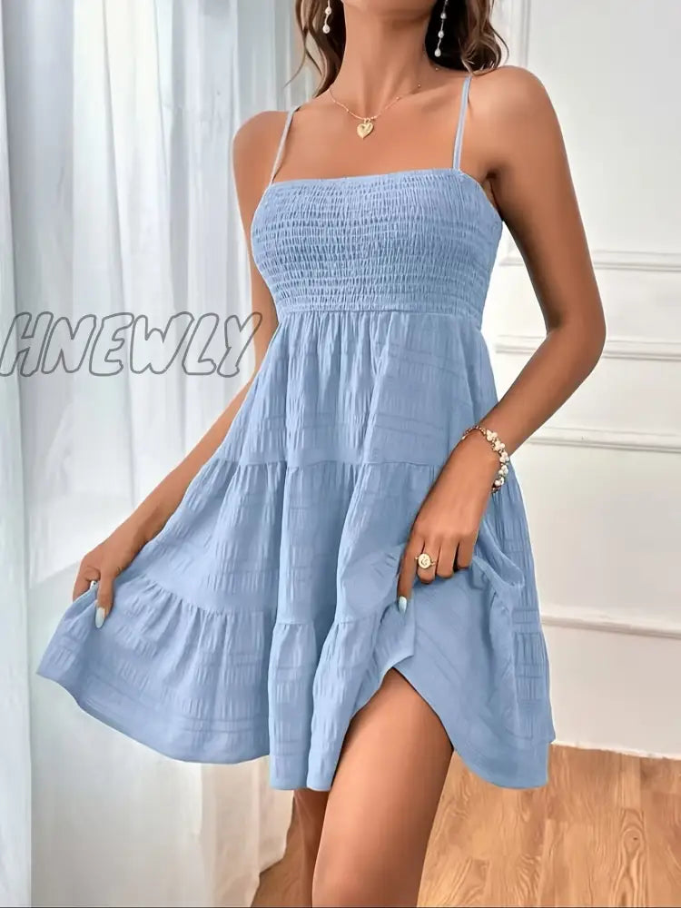 Hnewly Spaghetti Strap Shirred Dress Casual Solid Tiered Sleeveless Women’s Clothing