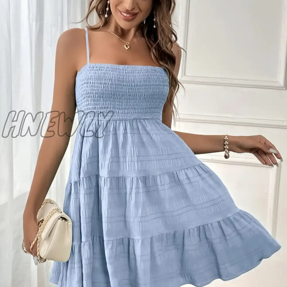 Hnewly Spaghetti Strap Shirred Dress Casual Solid Tiered Sleeveless Women’s Clothing Sky Blue / S(4)