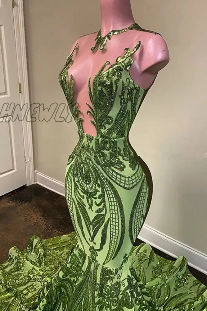 Hnewly Sparkly Sequin Olive Green Mermaid African Prom Dresses Black Girls Long Graduation Formal