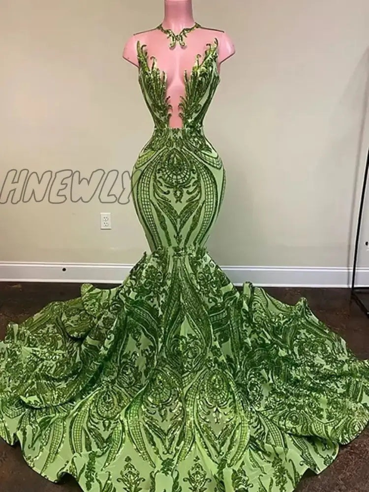 Hnewly Sparkly Sequin Olive Green Mermaid African Prom Dresses Black Girls Long Graduation Formal