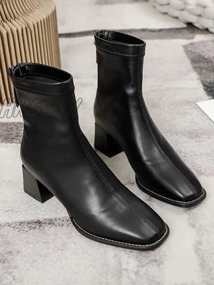 Hnewly - Split-Joint Square-Toe Zipper Boots Black / Velvet Us 6 | Eu 36 2/3 Uk 4 Cn