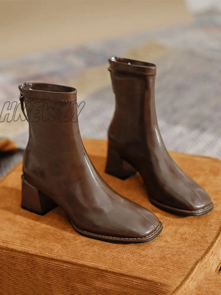 Hnewly - Split-Joint Square-Toe Zipper Boots Deep Brown / Velvet Us 6 | Eu 36 2/3 Uk 4 Cn