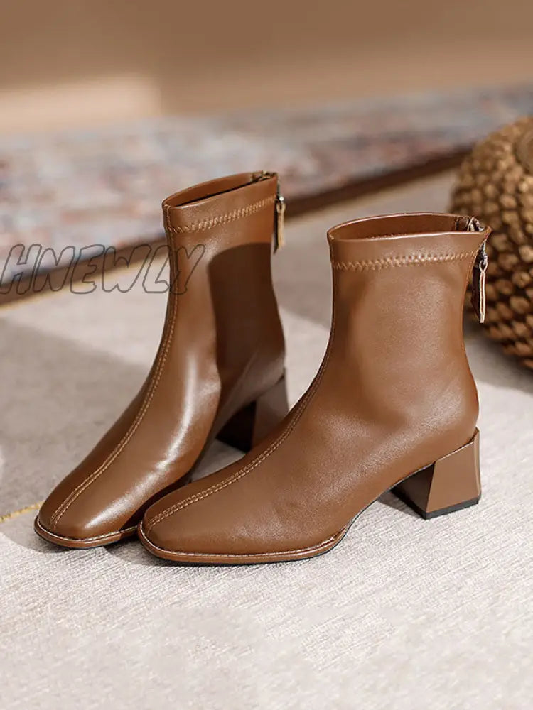 Hnewly - Split-Joint Square-Toe Zipper Boots Light Brown / Velvet Us 6 | Eu 36 2/3 Uk 4 Cn