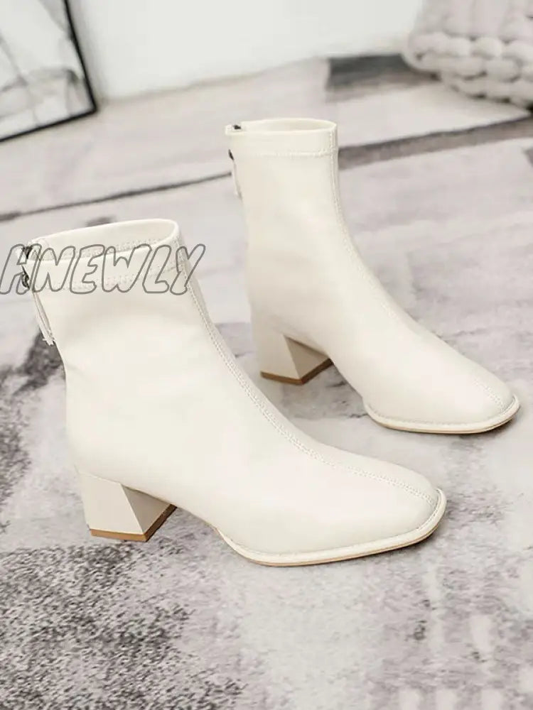 Hnewly - Split-Joint Square-Toe Zipper Boots Off White / Velvet Us 6 | Eu 36 2/3 Uk 4 Cn