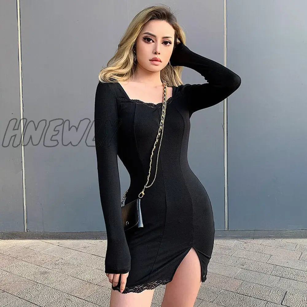 Hnewly Split Lace Sexy Mini Dress Women Transparent Long Sleeve Bodycon Square Collar Above Knee