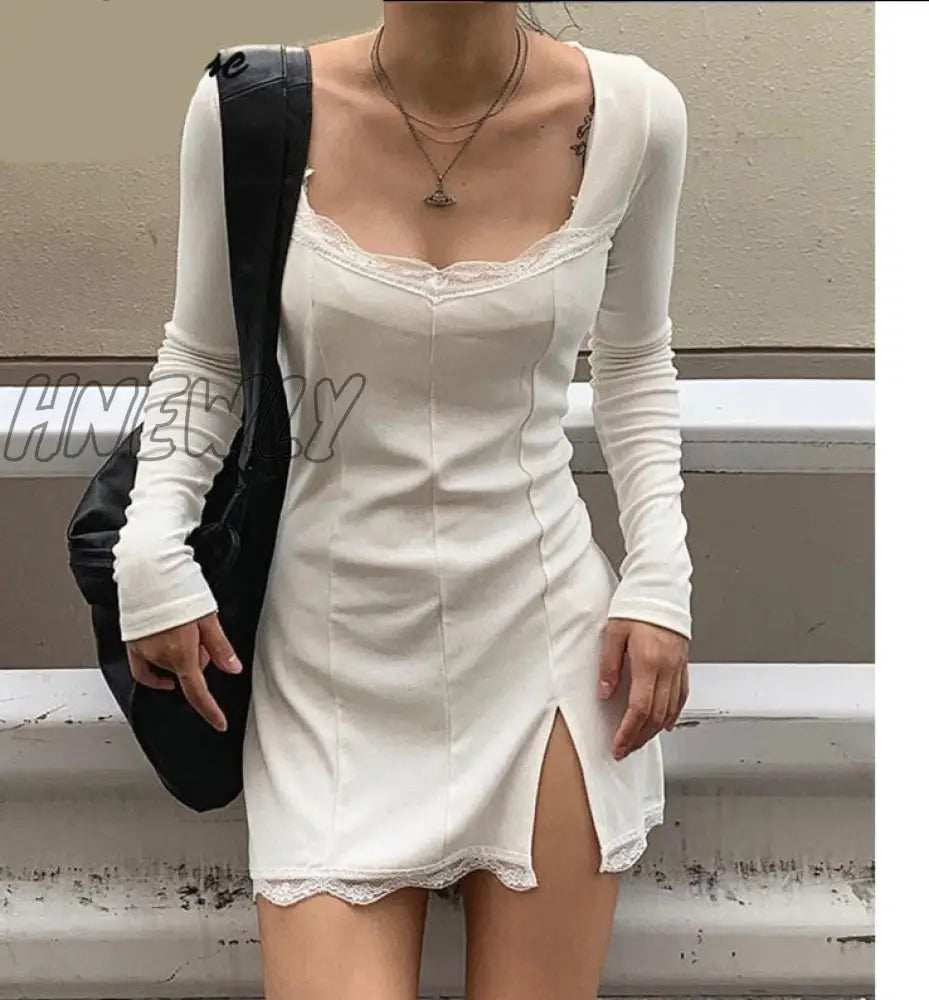 Hnewly Split Lace Sexy Mini Dress Women Transparent Long Sleeve Bodycon Square Collar Above Knee