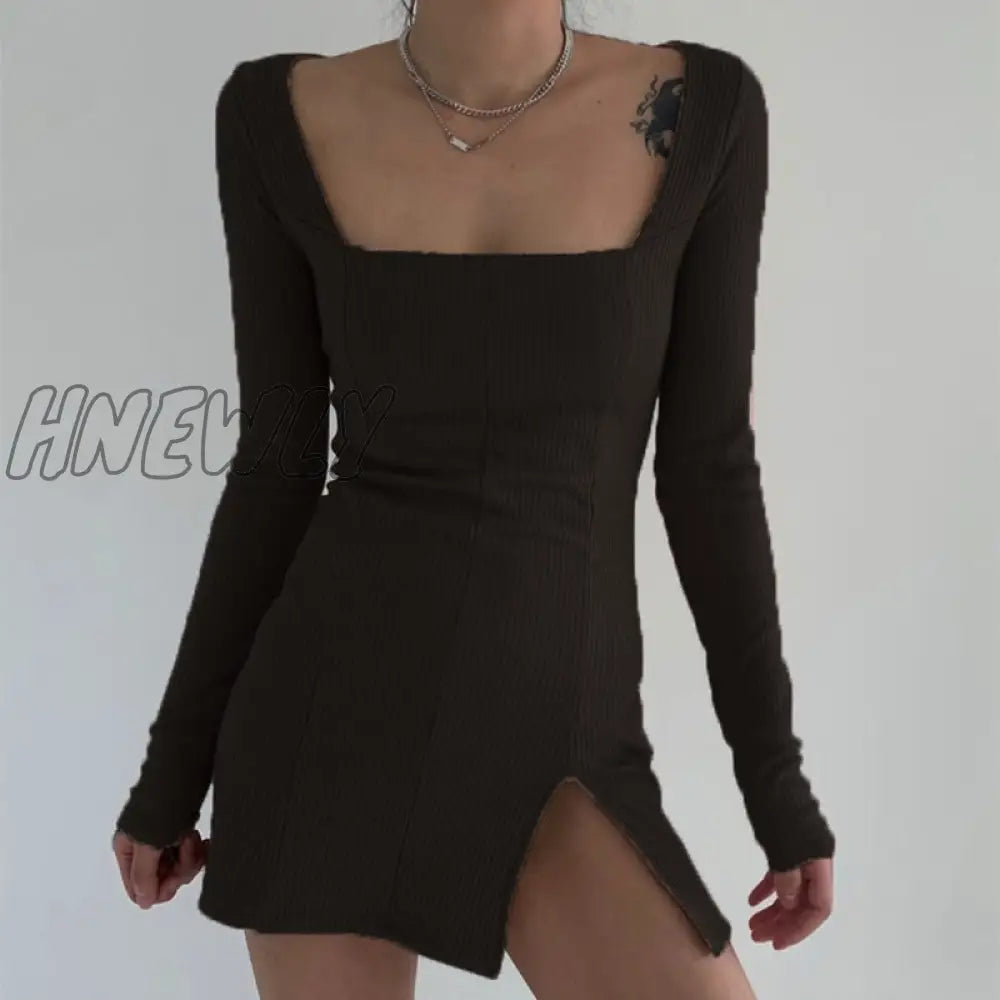 Hnewly Split Lace Sexy Mini Dress Women Transparent Long Sleeve Bodycon Square Collar Above Knee