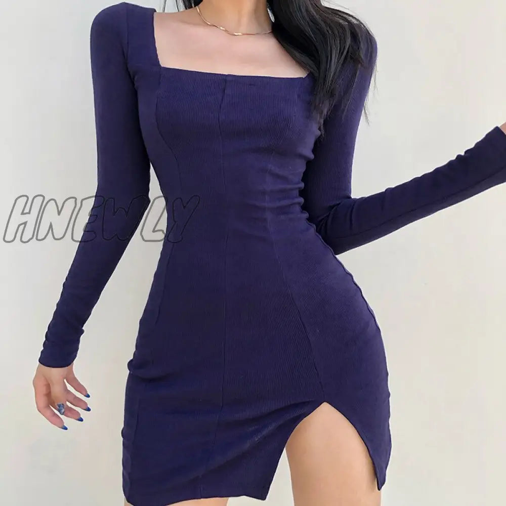 Hnewly Split Lace Sexy Mini Dress Women Transparent Long Sleeve Bodycon Square Collar Above Knee