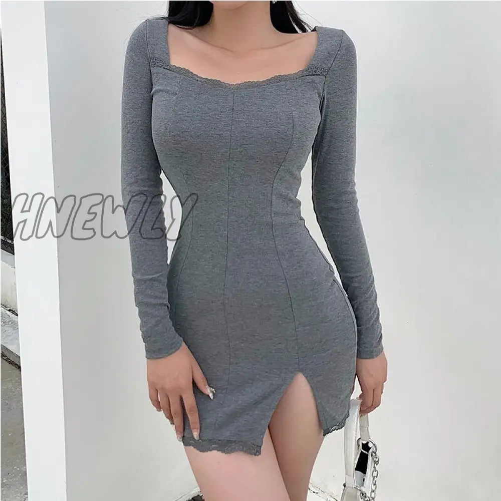 Hnewly Split Lace Sexy Mini Dress Women Transparent Long Sleeve Bodycon Square Collar Above Knee