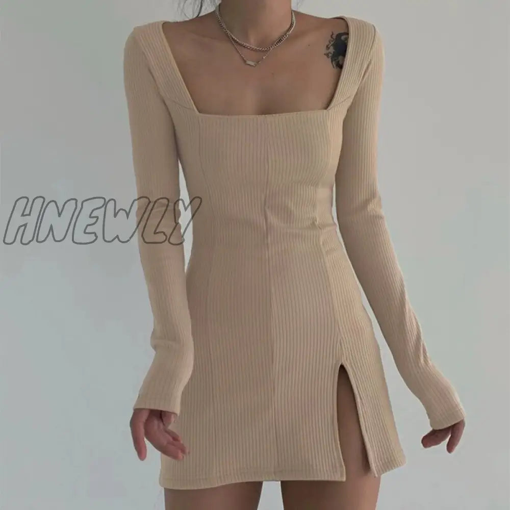 Hnewly Split Lace Sexy Mini Dress Women Transparent Long Sleeve Bodycon Square Collar Above Knee