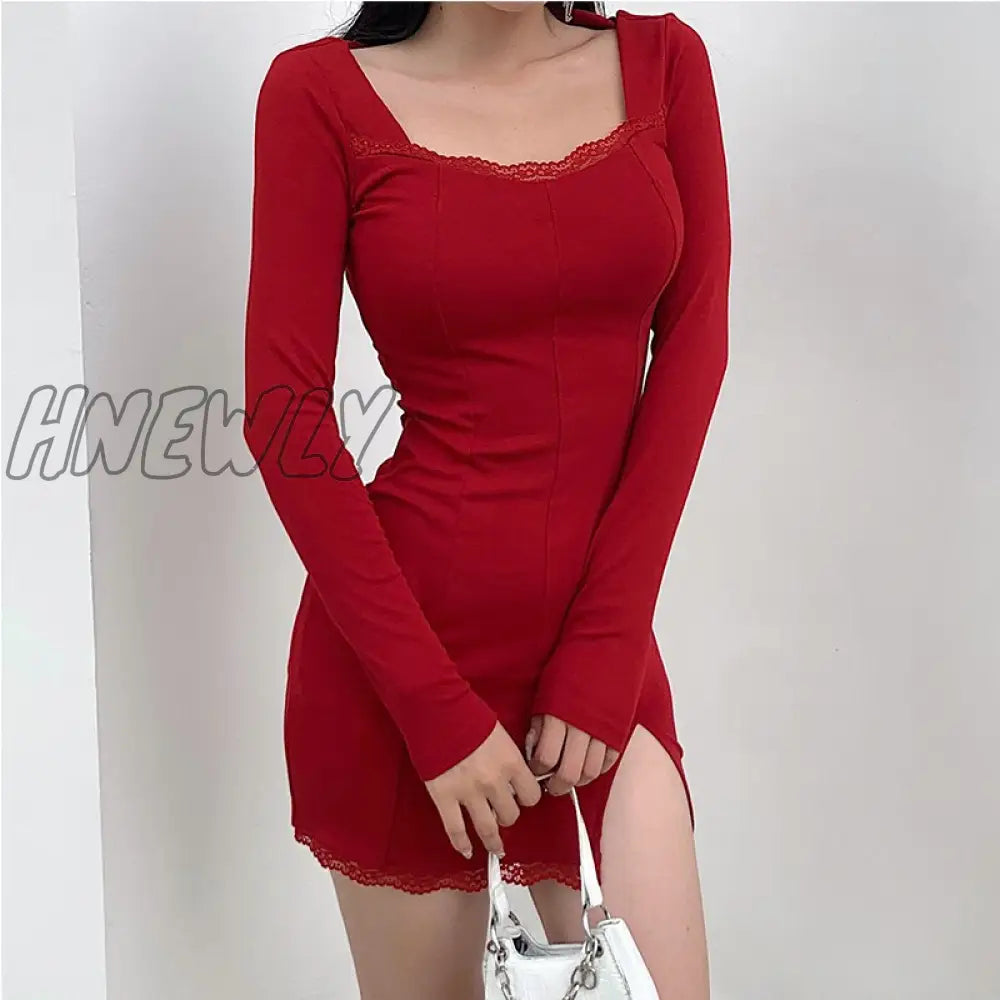 Hnewly Split Lace Sexy Mini Dress Women Transparent Long Sleeve Bodycon Square Collar Above Knee