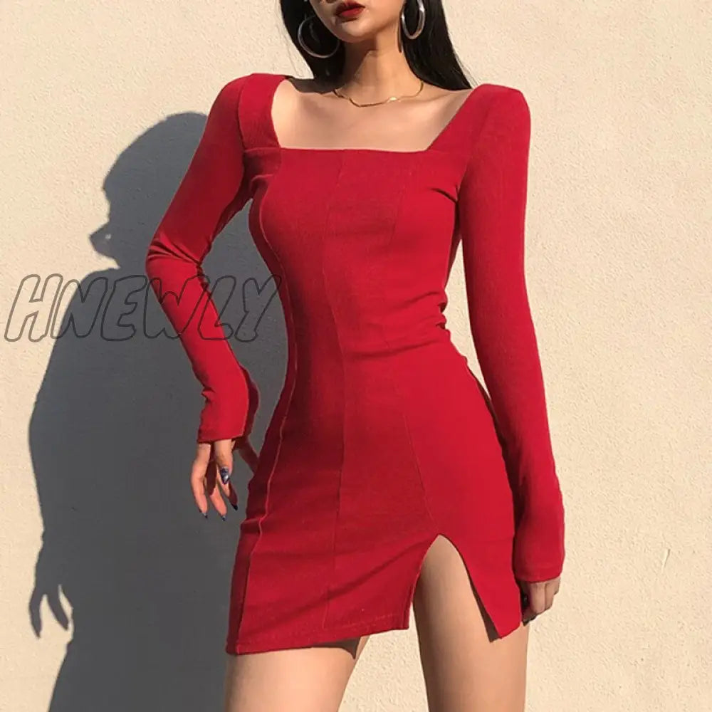 Hnewly Split Lace Sexy Mini Dress Women Transparent Long Sleeve Bodycon Square Collar Above Knee