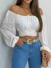 Hnewly Spring And Summer Ladies’s Strapless Cross Strap Long Sleeve Top Woman Tshirts Women Tops