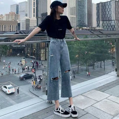 Hnewly Spring Autumn Korean Ins High Waist Loose Jeans Women’s Straight Thin Drape All - Match