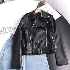 Hnewly Spring Autumn Soft Faux Leather Short Jacket With Belt Women Lapel Pu Coat Black Zipper Moto