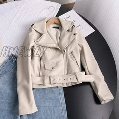 Hnewly Spring Autumn Soft Faux Leather Short Jacket With Belt Women Lapel Pu Coat Black Zipper Moto