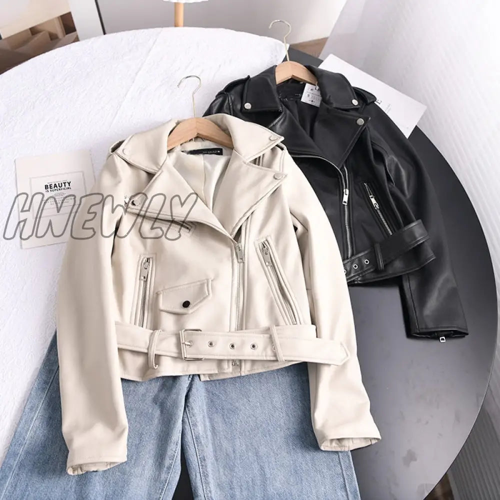 Hnewly Spring Autumn Soft Faux Leather Short Jacket With Belt Women Lapel Pu Coat Black Zipper Moto