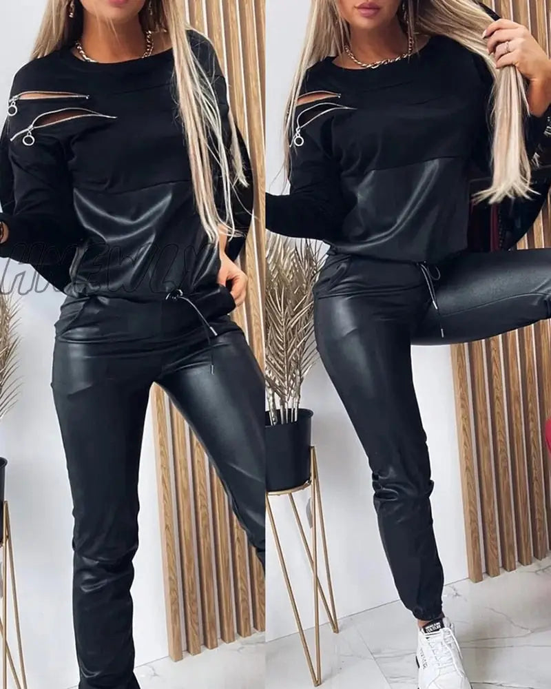 Hnewly Spring Autumn Women’s Plain Zipper Suit Set Femme Casual Long Sleeve Cut Out Top & Pu