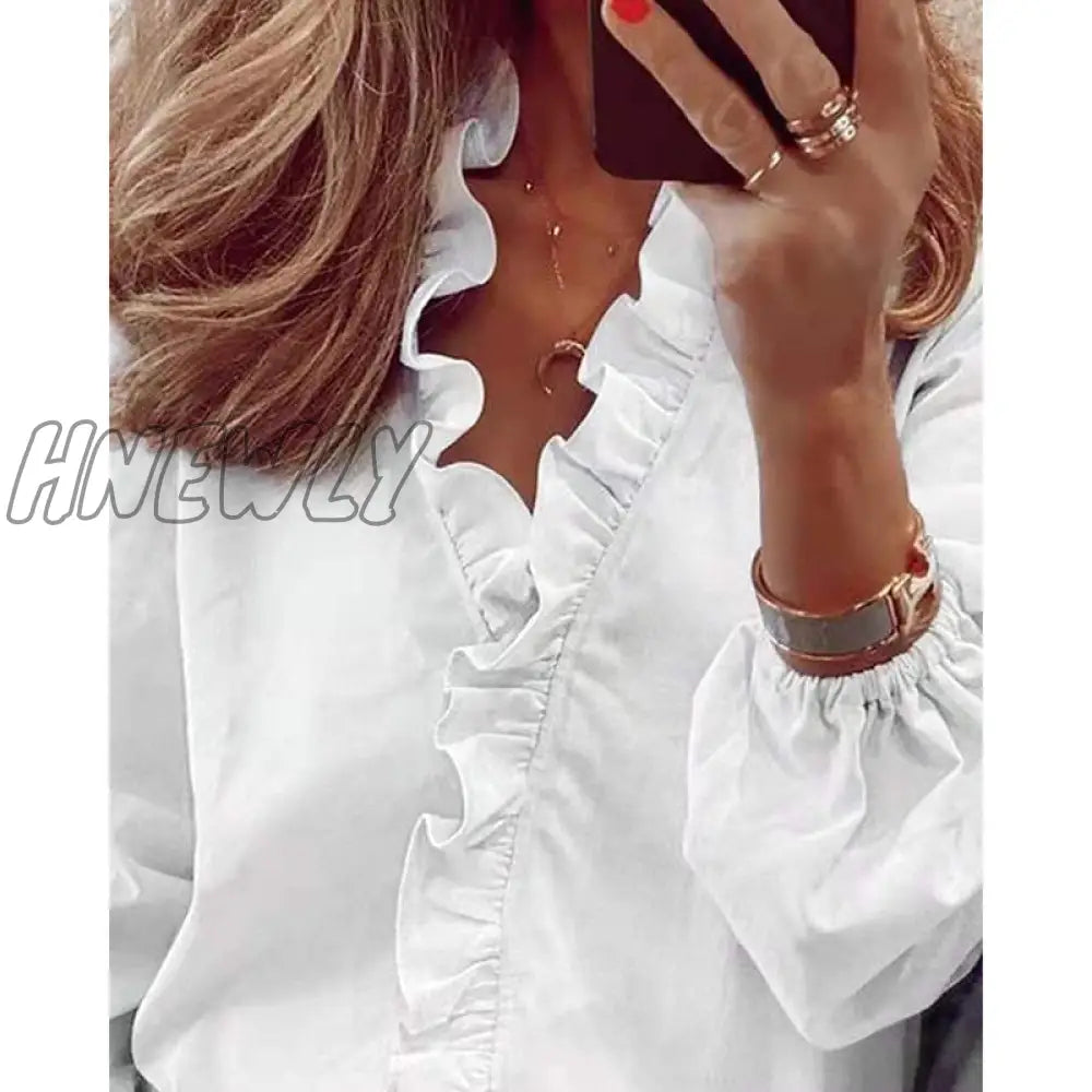 Hnewly Spring Elegant Chiffon Women Blouses Ruffles V Neck Long Sleeve Loose Female Tunic White