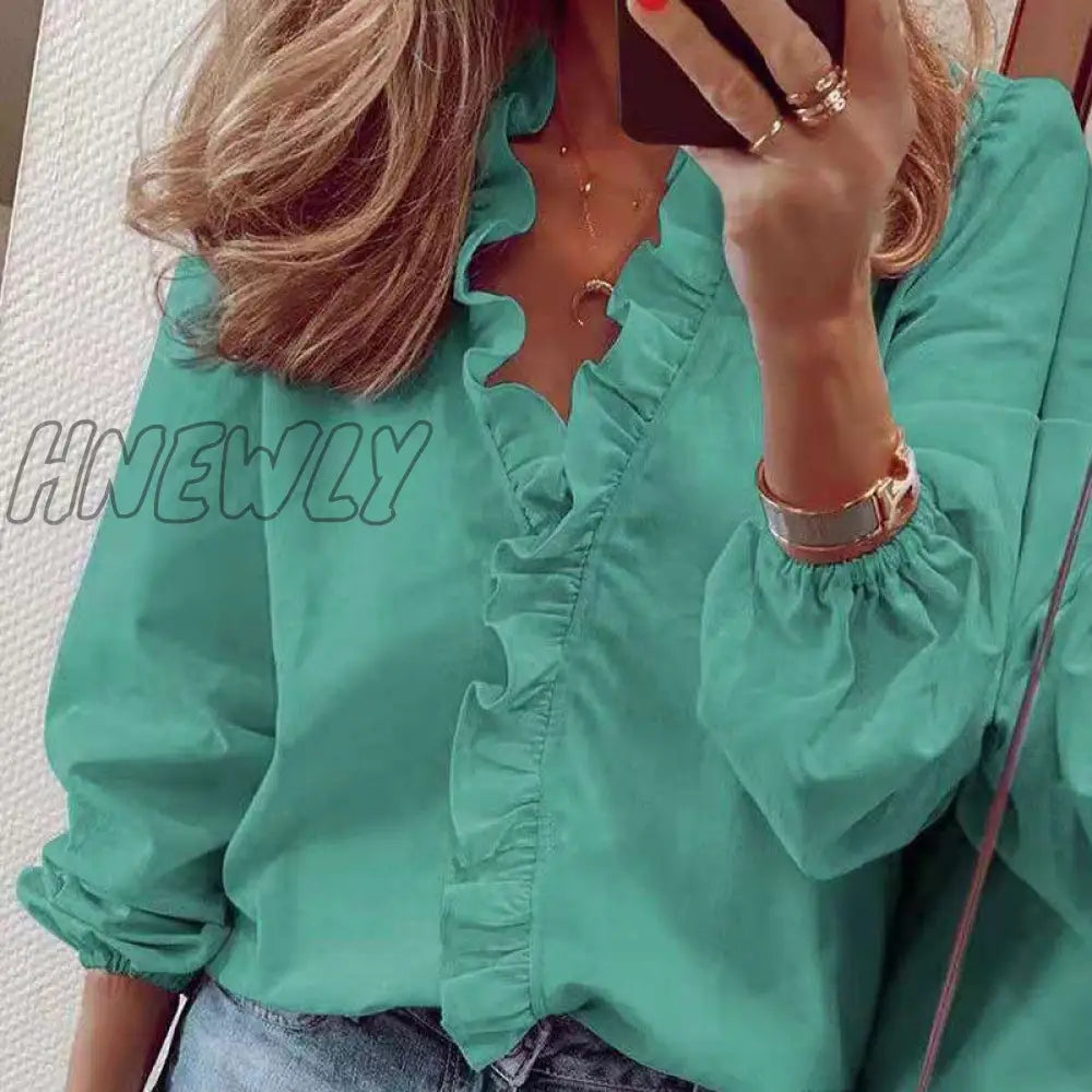 Hnewly Spring Elegant Chiffon Women Blouses Ruffles V Neck Long Sleeve Loose Female Tunic White