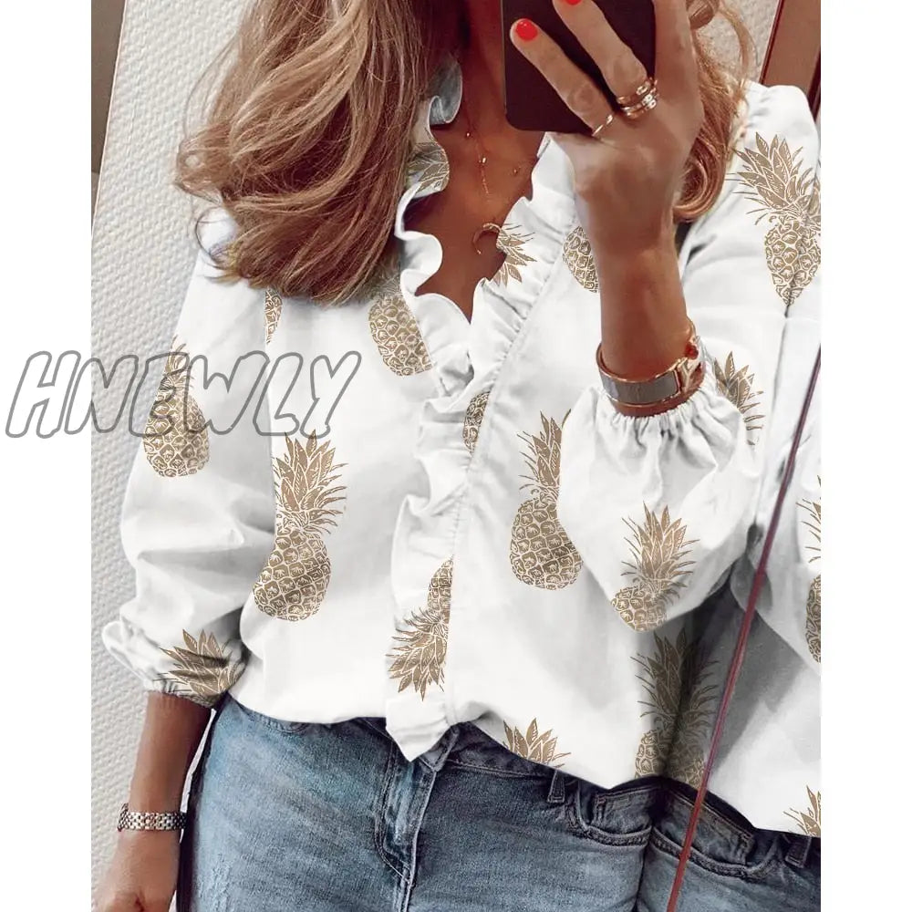 Hnewly Spring Elegant Chiffon Women Blouses Ruffles V Neck Long Sleeve Loose Female Tunic White