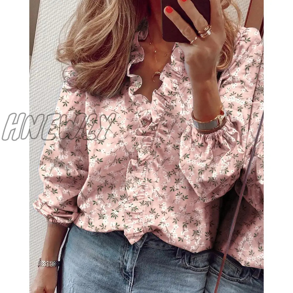 Hnewly Spring Elegant Chiffon Women Blouses Ruffles V Neck Long Sleeve Loose Female Tunic White