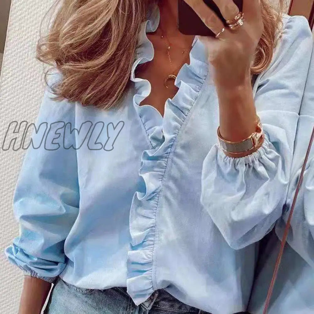 Hnewly Spring Elegant Chiffon Women Blouses Ruffles V Neck Long Sleeve Loose Female Tunic White