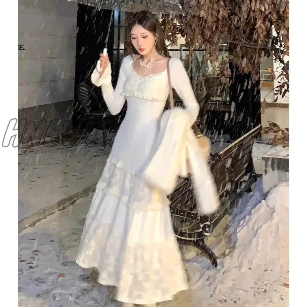Hnewly Spring Elegant Knitted Dress Women Lace Patchwork Koeran Princess Midi Female Casual Sweet