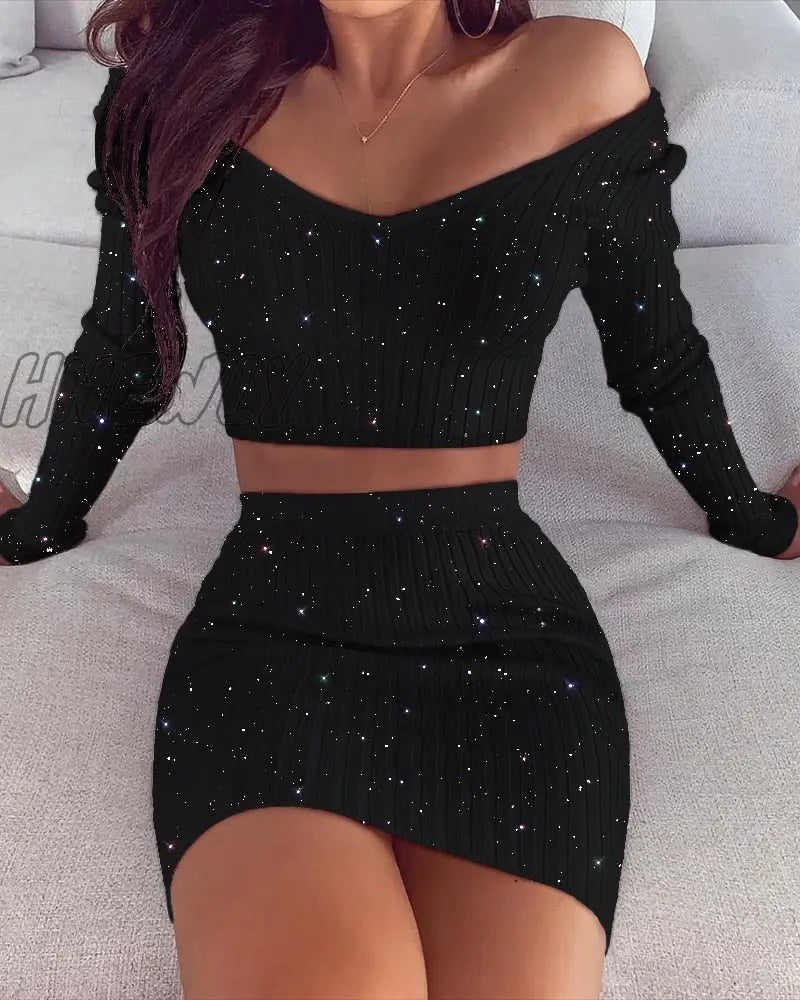 Hnewly Spring Fashion Women Sexy Casual Two-Piece Set Suit Sets Bodycon Dress Glitter Off Shoulder