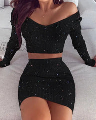 Hnewly Spring Fashion Women Sexy Casual Two-Piece Set Suit Sets Bodycon Dress Glitter Off Shoulder