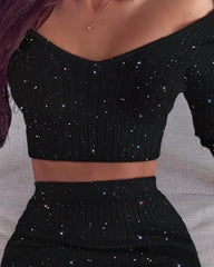 Hnewly Spring Fashion Women Sexy Casual Two-Piece Set Suit Sets Bodycon Dress Glitter Off Shoulder