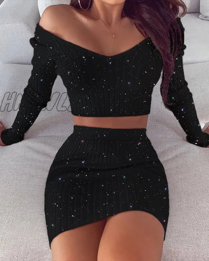 Hnewly Spring Fashion Women Sexy Casual Two-Piece Set Suit Sets Bodycon Dress Glitter Off Shoulder