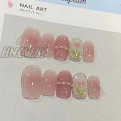 Hnewly Spring Girl Blush Manicure Pearl Tulip Square Fake Nails Pink Sweet Handmade Nail Art