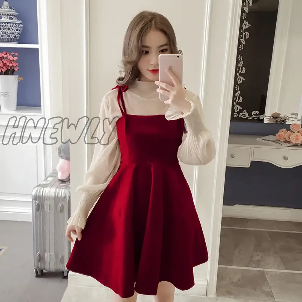 Hnewly Spring New Elegant Two Piece Dress For Women Winter Korean A-Line O-Neck Tops And Black