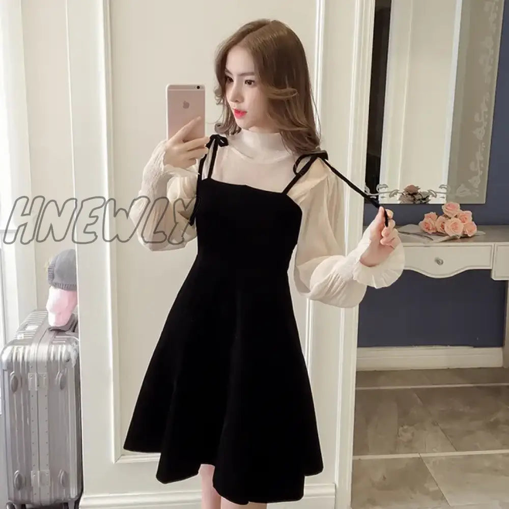 Hnewly Spring New Elegant Two Piece Dress For Women Winter Korean A-Line O-Neck Tops And Black