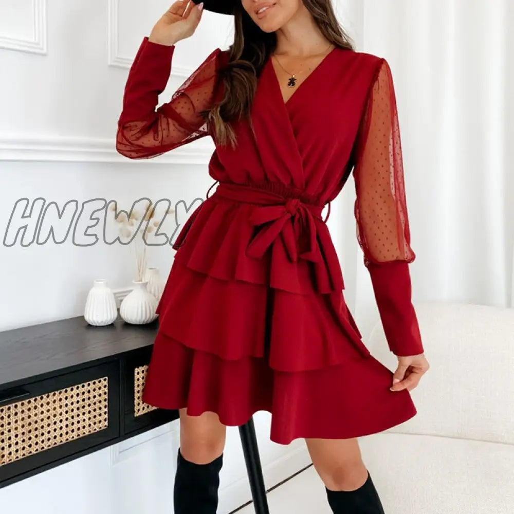 Hnewly Spring New Ladies Casual Office Mini Dress Summer Wrap V Neck Elastic Waist Party For Women