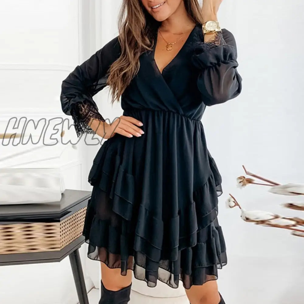 Hnewly Spring New Ladies Casual Office Mini Dress Summer Wrap V Neck Elastic Waist Party For Women