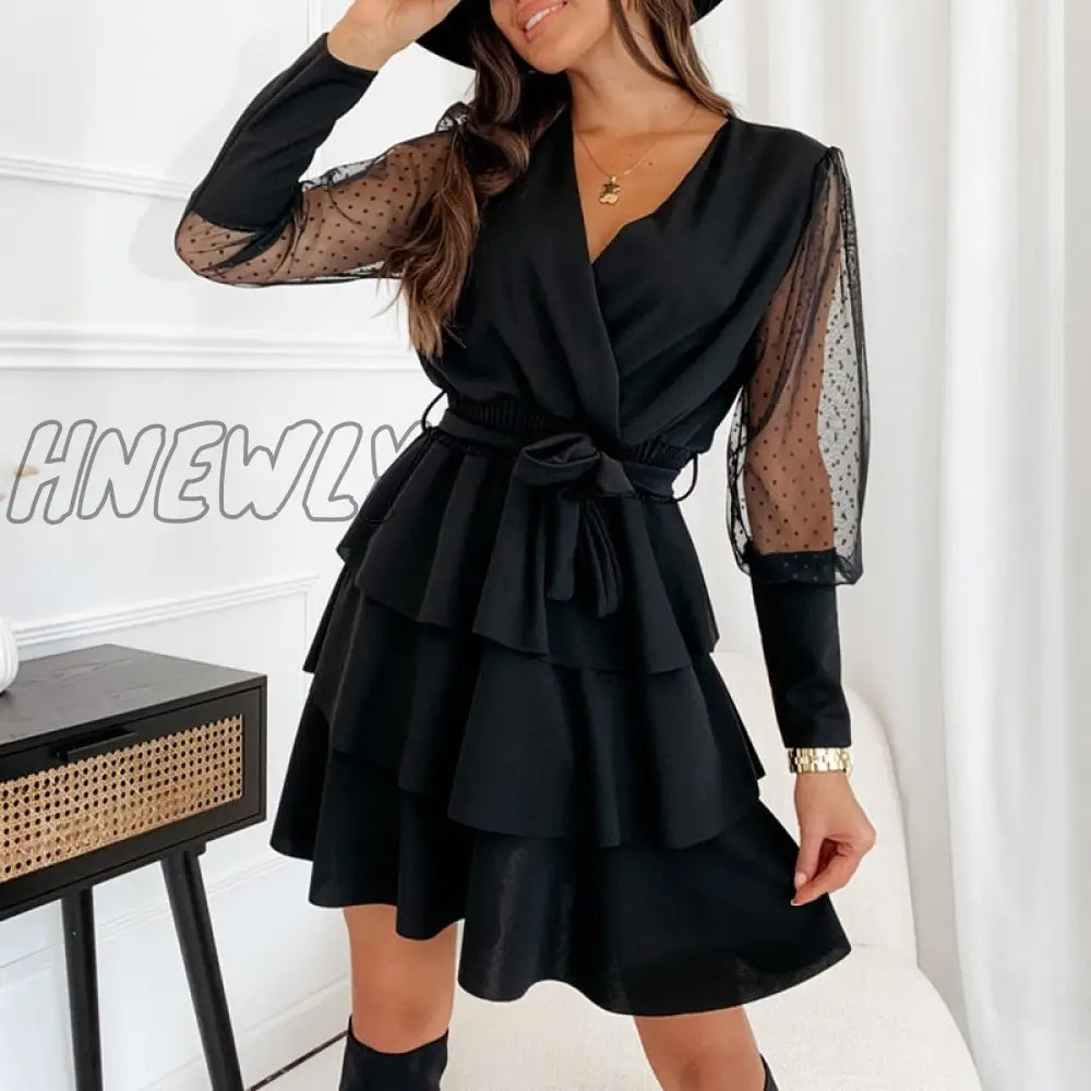 Hnewly Spring New Ladies Casual Office Mini Dress Summer Wrap V Neck Elastic Waist Party For Women