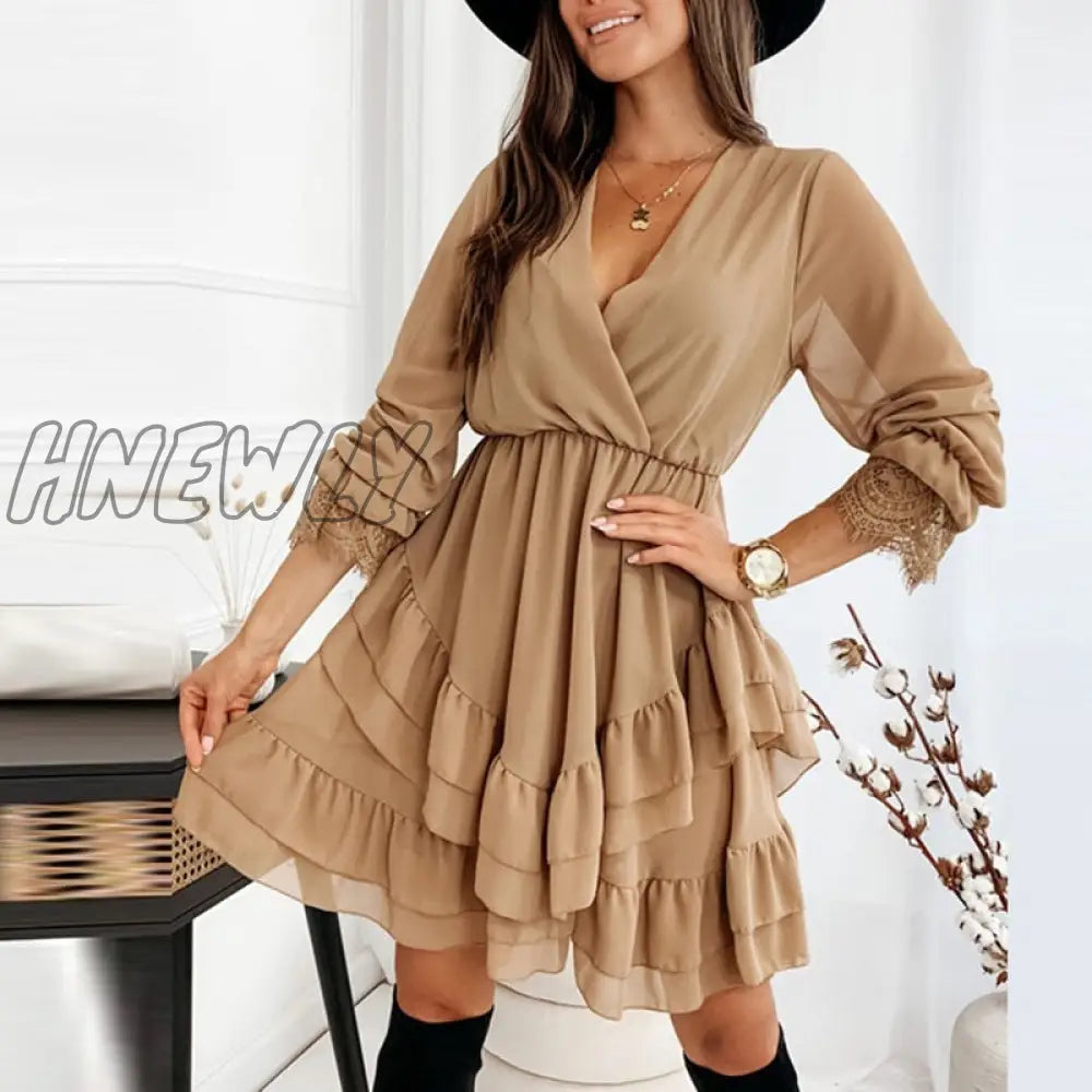 Hnewly Spring New Ladies Casual Office Mini Dress Summer Wrap V Neck Elastic Waist Party For Women