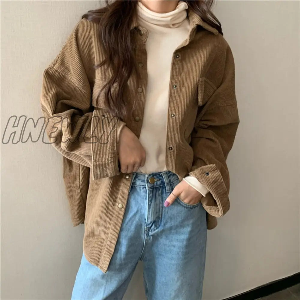 Hnewly Spring New Women Solid Corduroy Shirts Jackets Full Sleeve Turn-Down Collar Oversize Coats