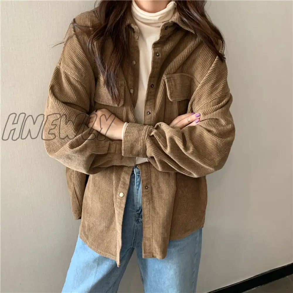 Hnewly Spring New Women Solid Corduroy Shirts Jackets Full Sleeve Turn-Down Collar Oversize Coats