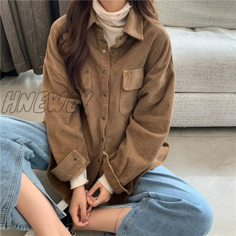 Hnewly Spring New Women Solid Corduroy Shirts Jackets Full Sleeve Turn-Down Collar Oversize Coats