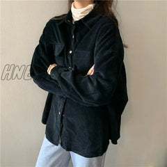 Hnewly Spring New Women Solid Corduroy Shirts Jackets Full Sleeve Turn-Down Collar Oversize Coats