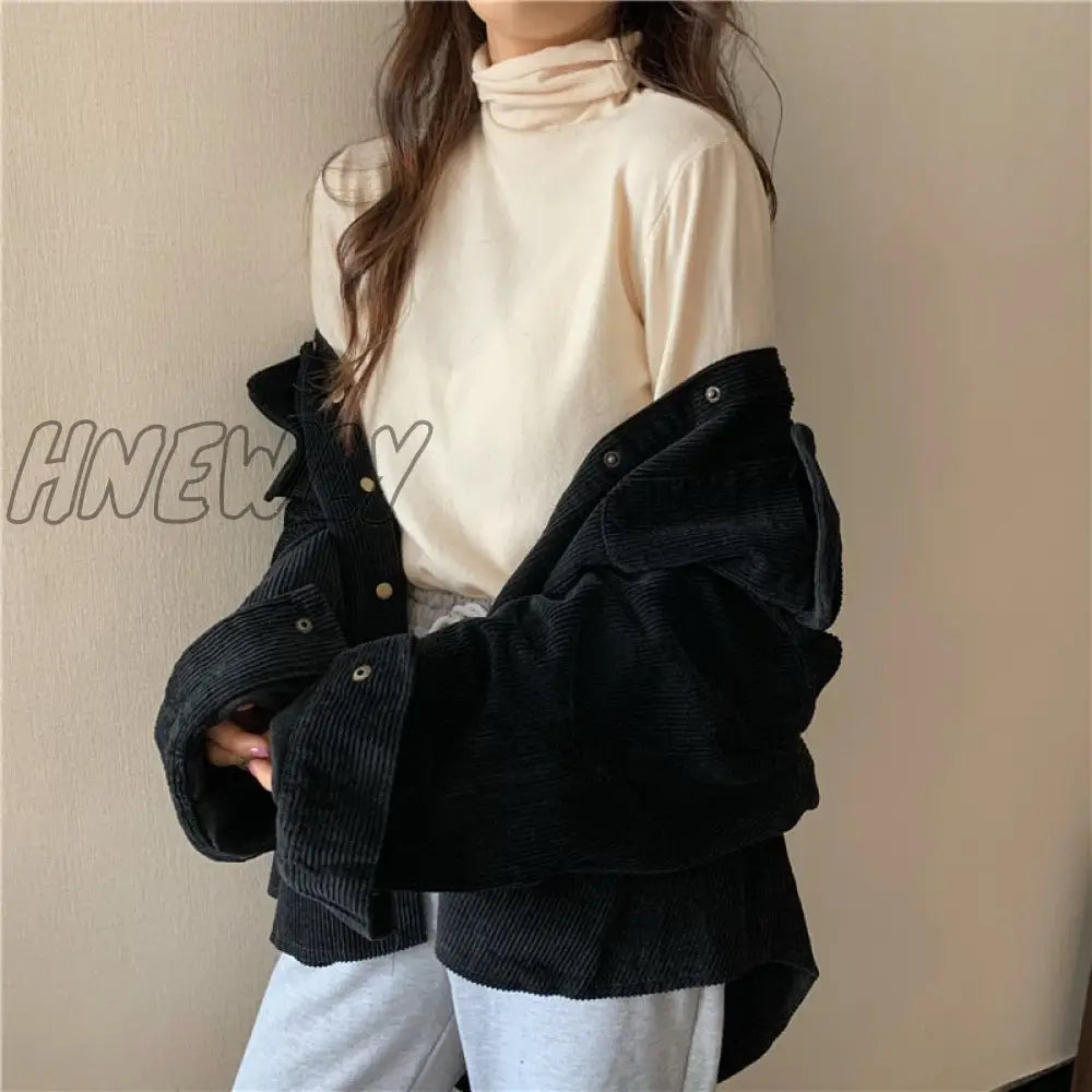 Hnewly Spring New Women Solid Corduroy Shirts Jackets Full Sleeve Turn-Down Collar Oversize Coats